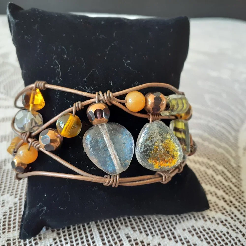 Vintage Artisan Wire Art Glass Cuff Bracelet